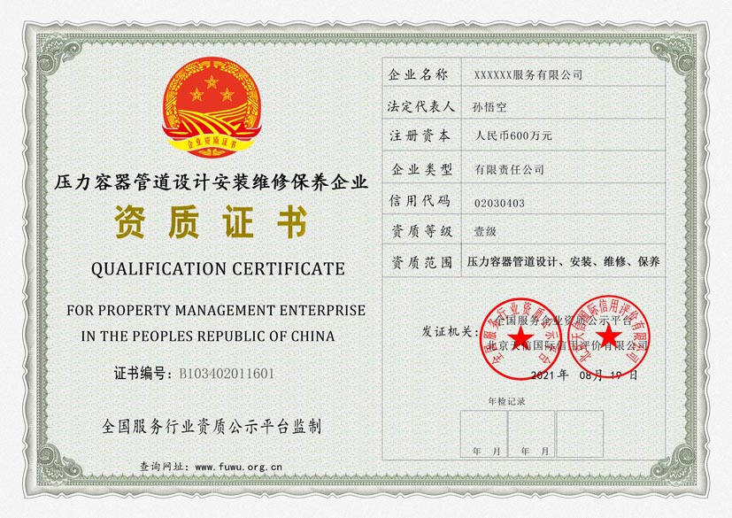 浙江压力容器管道设计安装维修保养服务资质证书